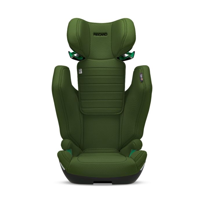 Recaro AXION 1 in Epic Green, front view with the headrest raised above the side wings.