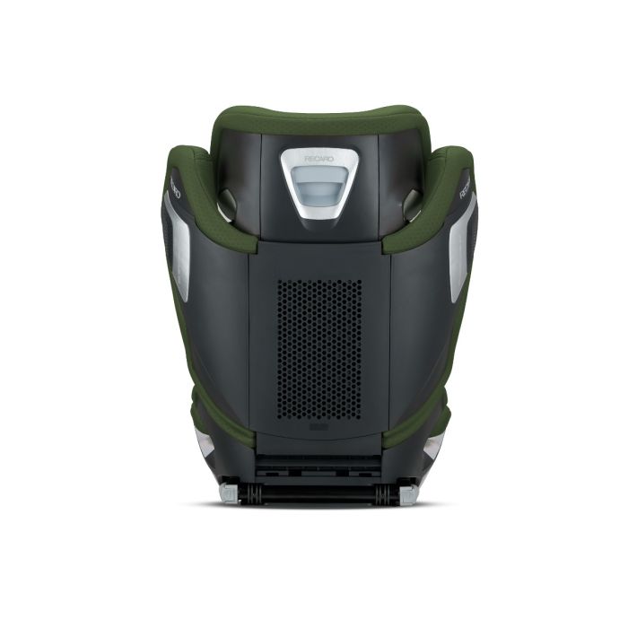 Recaro AXION 1 in Epic Green, rear view showing the black shell and central ventilation panel.