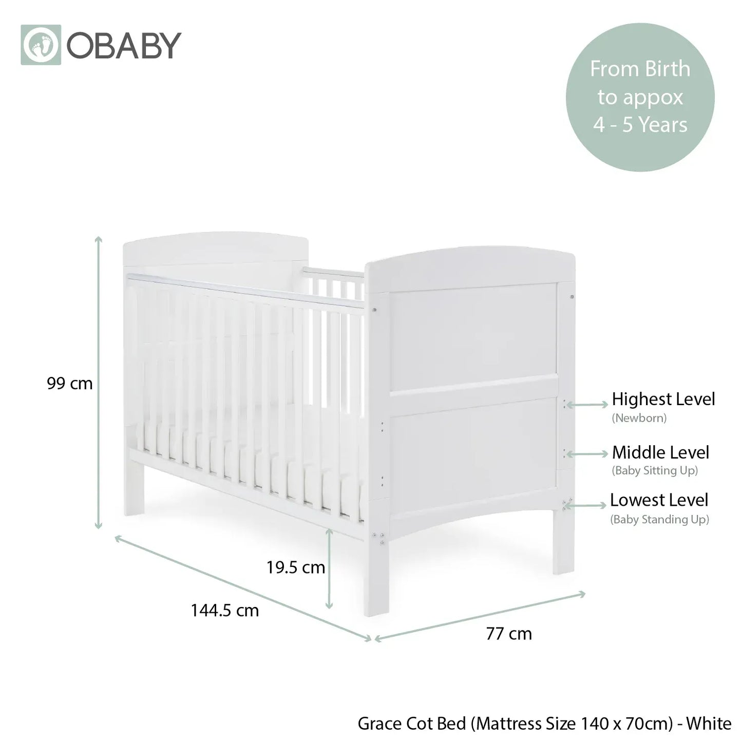 Grace Cot Bed, Cot Top Changer + Fibre Mattress - White Obaby
