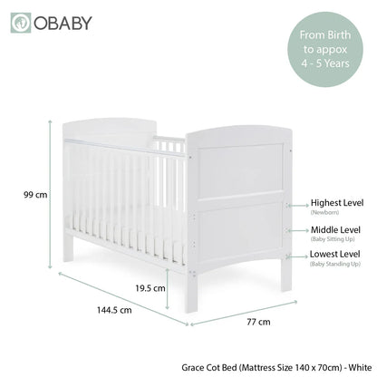 Grace Cot Bed, Cot Top Changer + Fibre Mattress - White Obaby