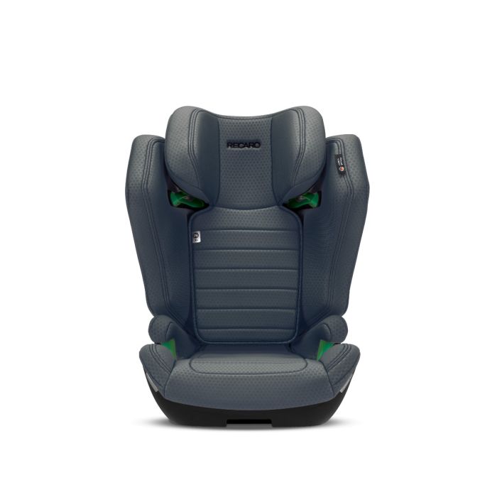 Recaro AXION 1 in Gallant Grey, front view with padded side wings and green belt guides.