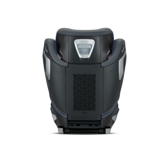 Recaro AXION 1 in Gallant Grey, rear view showing the black shell and central ventilation panel.