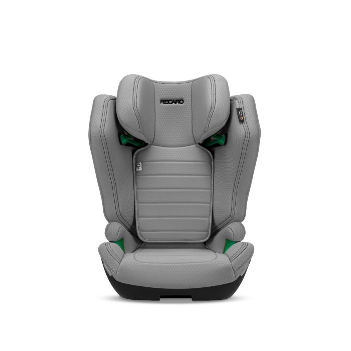 Recaro AXION 1 in Happy Grey, front view with padded side wings and green belt guides.