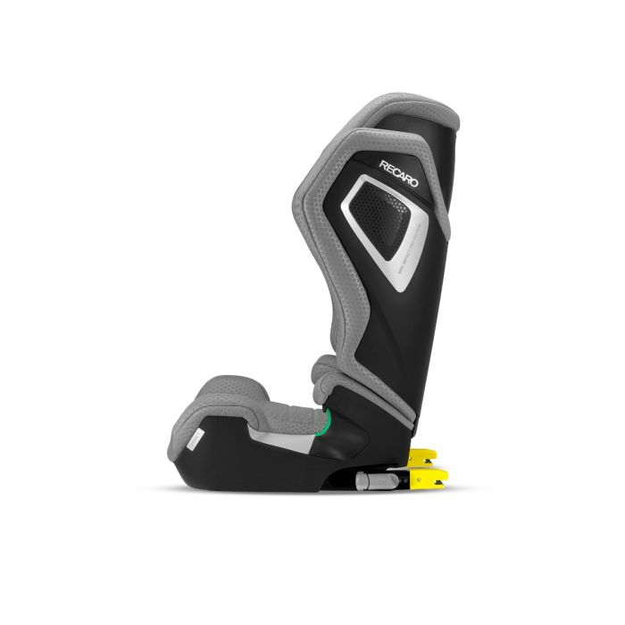 Recaro AXION 1 in Happy Grey, side view with yellow ISOFIX connectors extended behind the base