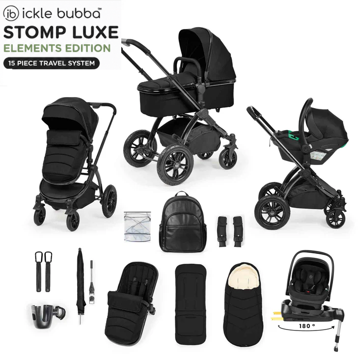 Ickle Bubba Stomp Elements Edition 15 Piece Pram Bundle - Raven Black