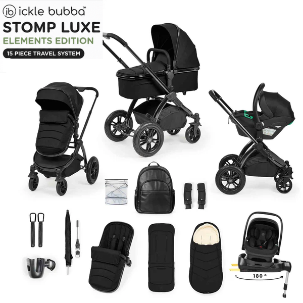 Ickle Bubba Stomp Elements Edition 15 Piece Pram Bundle - Raven Black