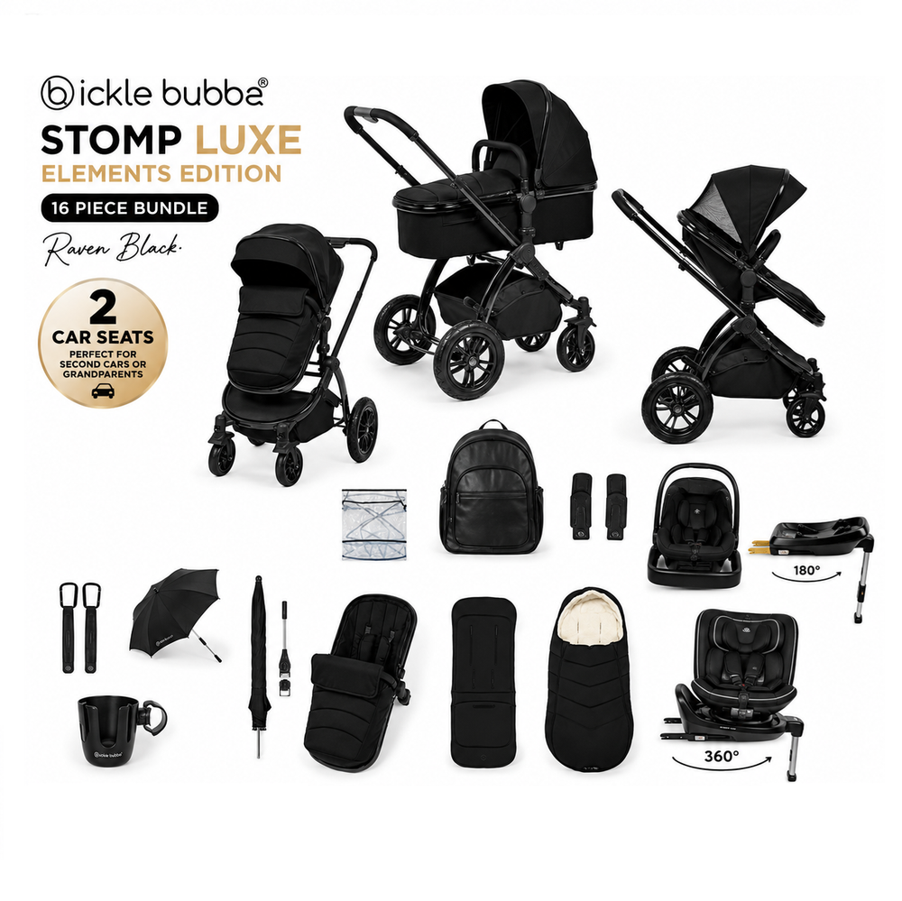 Ickle Bubba Stomp Luxe Elements Edition 16 Piece Travel System with Nimbus i-Size Car Seat & Radial i-Size Plus Spin Car Seat – Raven Black