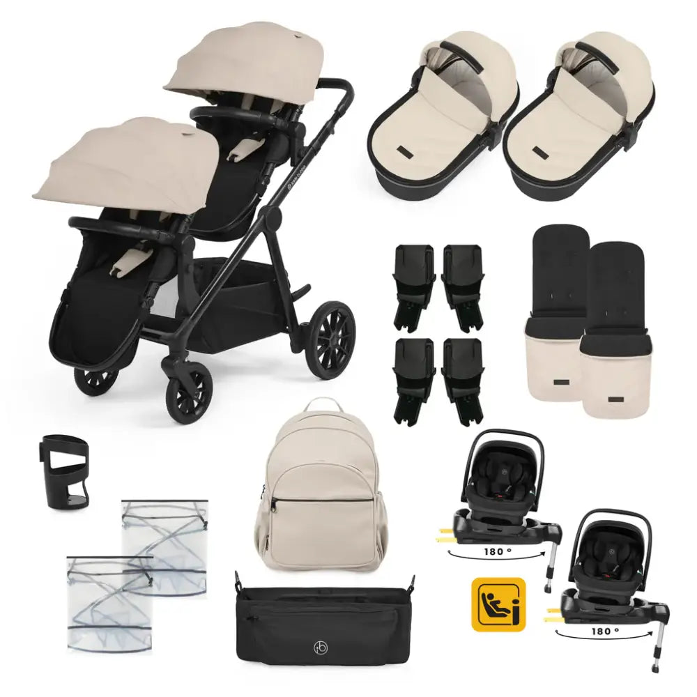Ickle Bubba Virgo Twin 18 Piece Travel System with i-Size Nimbus Car Seats & Spin ISOFIX Bases - Stone