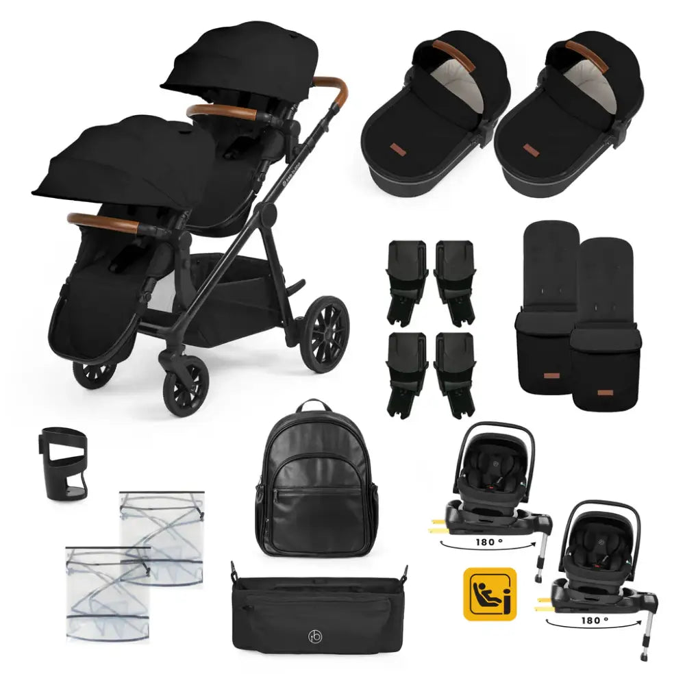 Ickle Bubba Virgo Twin 18 Piece Travel System with i-Size Nimbus Car Seats & Spin ISOFIX Bases - Black