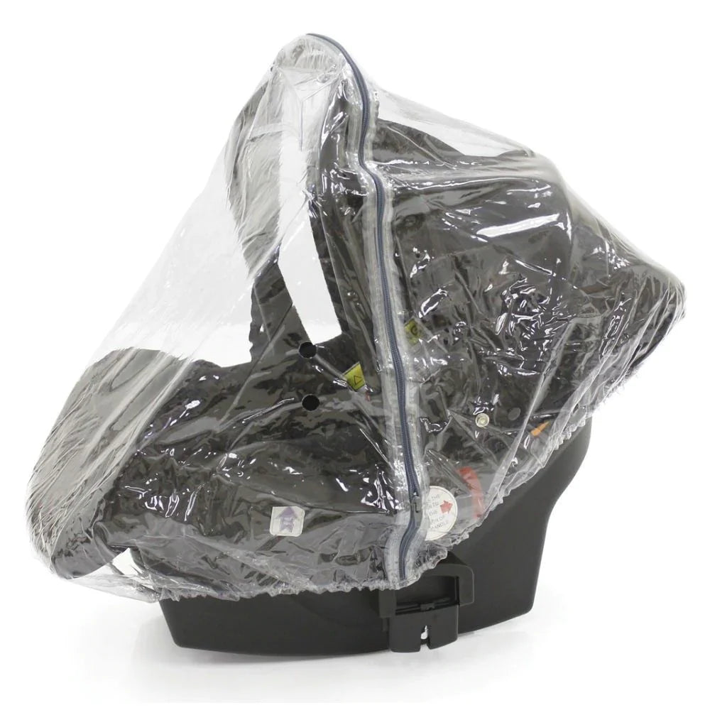 Clear plastic rain cover over black infant car seat in oyster 4 buttermilk ultimate travel system with capsule 360