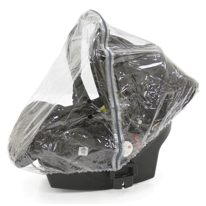 Clear plastic rain cover over black infant car seat in oyster 4 buttermilk ultimate travel system with capsule 360