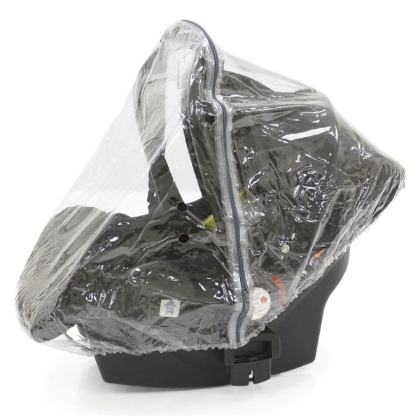 Clear plastic rain cover over black infant car seat in oyster 4 buttermilk ultimate travel system with capsule 360