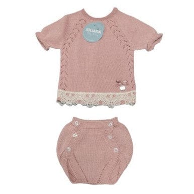 Juliana Dusky Pink Knitted Baby Girls Lace Trim 2 Piece Set General Juliana   