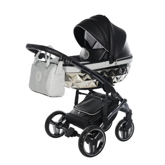 Junama Handcraft Diamond Pram – 2 in 1 Luxury Glitter Black Travel System Junama