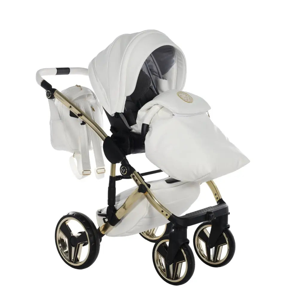 Junama Handcraft Diamond Pram – 2 in 1 Luxury White & Gold Travel System Junama