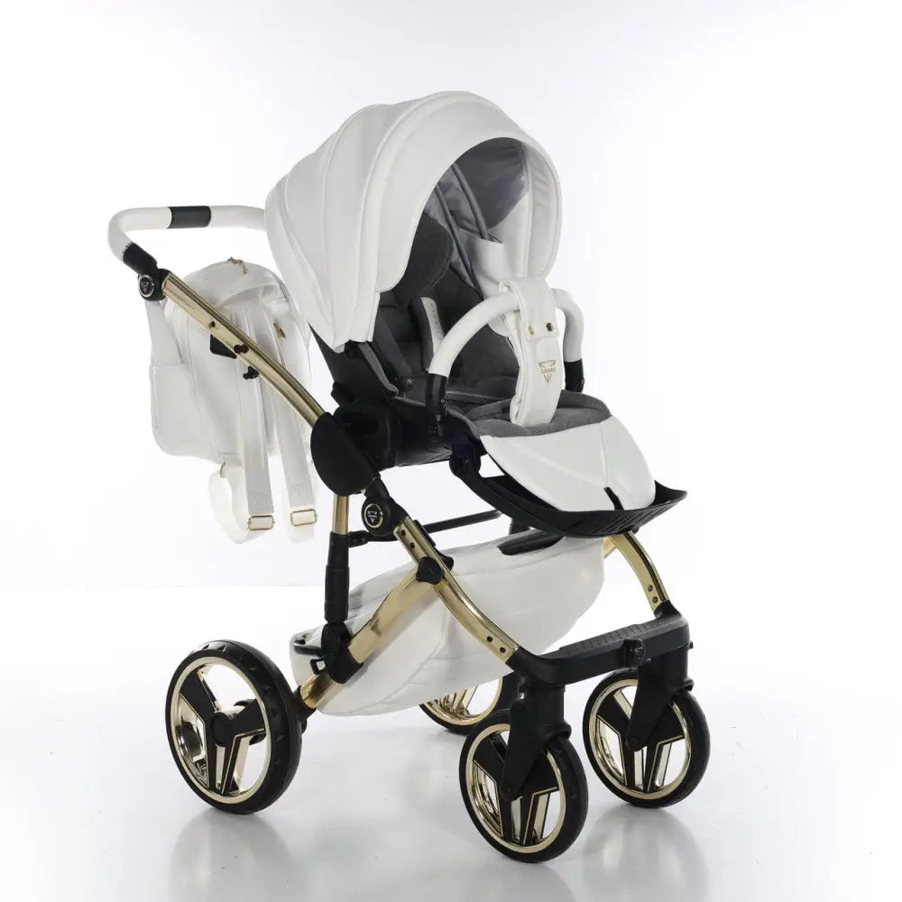 Junama Handcraft Diamond Pram – 2 in 1 Luxury White & Gold Travel System Junama