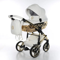 Junama Handcraft Diamond Pram – 2 in 1 Luxury White & Gold Travel System