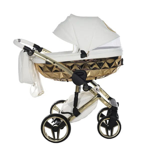 Junama Handcraft Diamond Pram – 2 in 1 Luxury White & Gold Travel System Junama