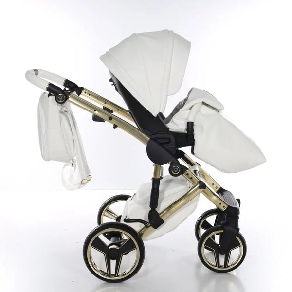 Junama Handcraft Diamond Pram – 2 in 1 Luxury White & Gold Travel System Junama
