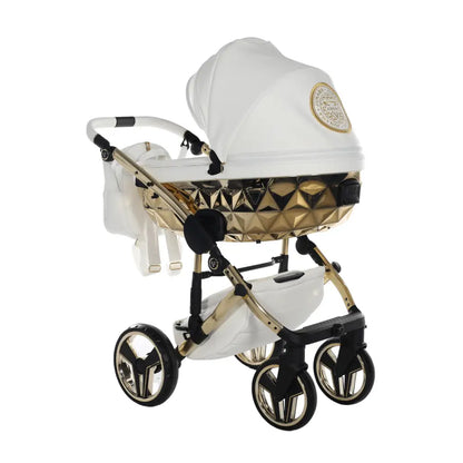 Junama Handcraft Diamond Pram – 2 in 1 Luxury White & Gold Travel System Junama
