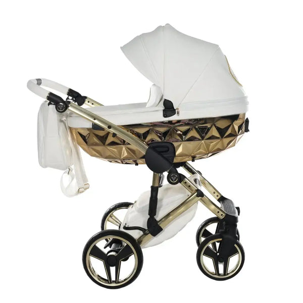 Junama Handcraft Diamond Pram – 2 in 1 Luxury White & Gold Travel System Junama
