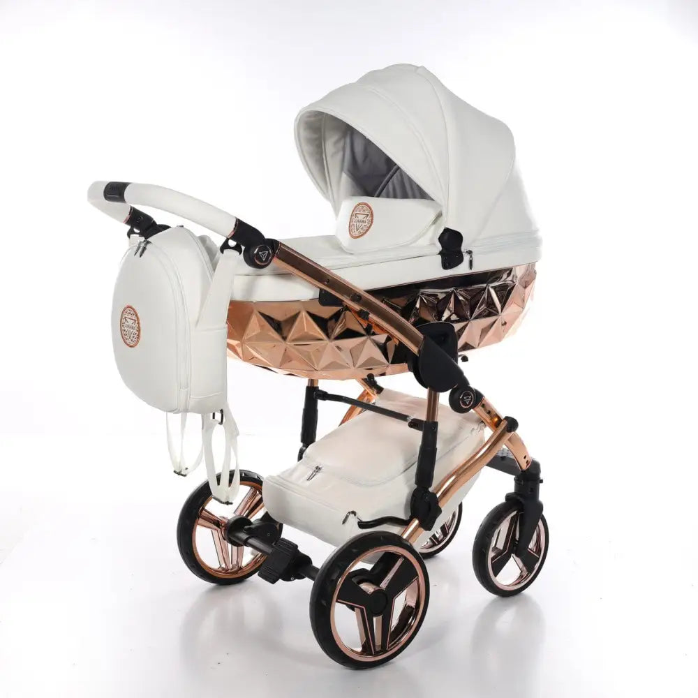 Junama Handcraft Diamond Pram – 2 in 1 Luxury White & Rose Gold Travel System Junama