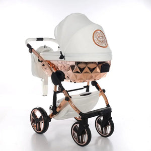 Junama Handcraft Diamond Pram – 2 in 1 Luxury White & Rose Gold Travel System Junama