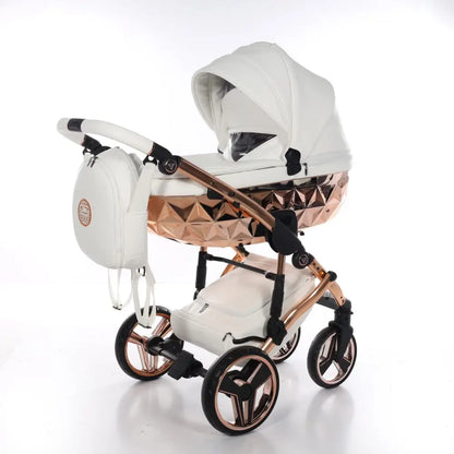 Junama Handcraft Diamond Pram – 2 in 1 Luxury White & Rose Gold Travel System Junama