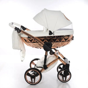 Junama Handcraft Diamond Pram – 2 in 1 Luxury White & Rose Gold Travel System Junama