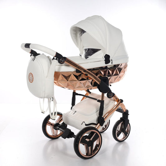 Junama Handcraft Diamond Pram With Isofix Base – 4 in 1 Luxury White & Rose Gold Travel System Junama
