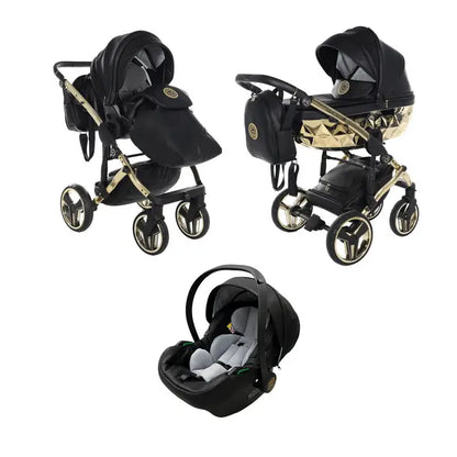 Junama Handcraft Diamond Pram – 3 in 1 Luxury Black & Gold Travel System Junama