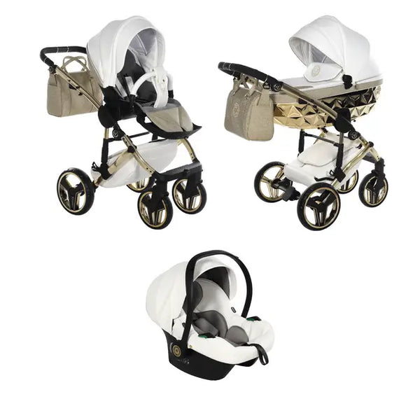 Junama Handcraft Diamond Pram – 3 in 1 Luxury Glitter Gold Travel System Junama