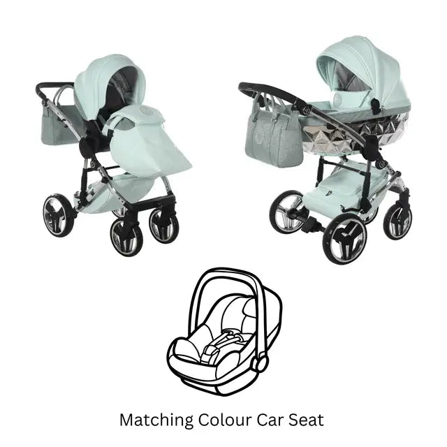 Junama Handcraft Diamond Pram – 3 in 1 Luxury Glitter Mint Travel System Junama