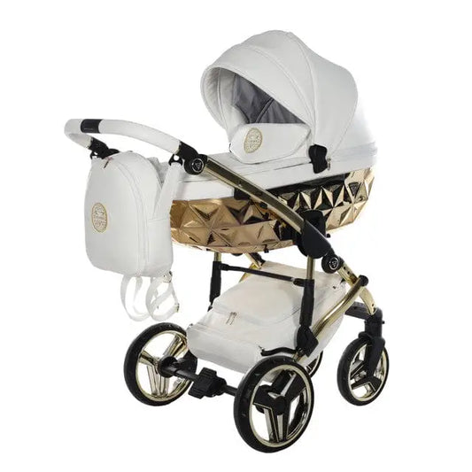 Junama Handcraft Diamond Pram – 3 in 1 Luxury White & Gold Travel System Junama