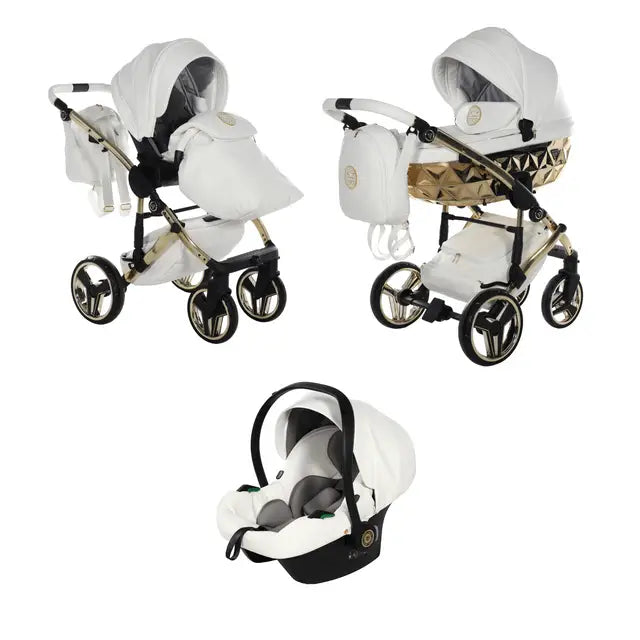 Junama Handcraft Diamond Pram – 3 in 1 Luxury White & Gold Travel System Junama