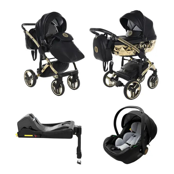 Junama Handcraft Diamond Pram With Isofix – 3 in 1 Luxury Black & Gold Travel System Junama