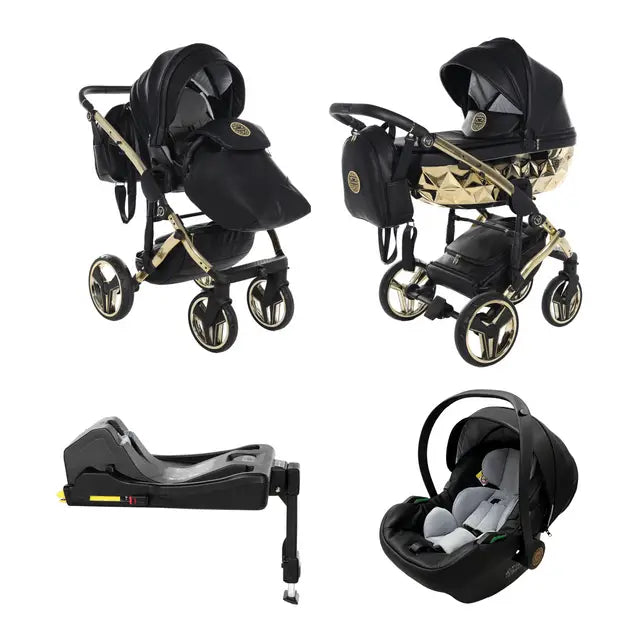 Junama Handcraft Diamond Pram With Isofix – 3 in 1 Luxury Black & Gold Travel System Junama