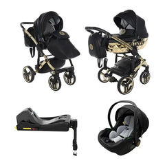 Junama Handcraft Diamond Pram With Isofix – 3 in 1 Luxury Black & Gold Travel System
