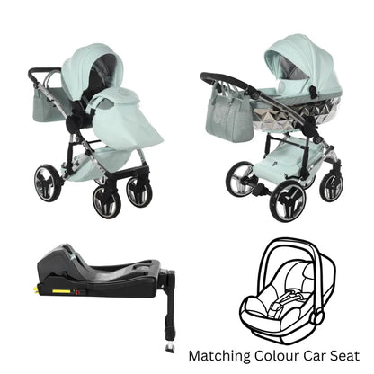 Junama Handcraft Diamond Pram With Isofix – 4 in 1 Luxury Glitter Mint Travel System Junama