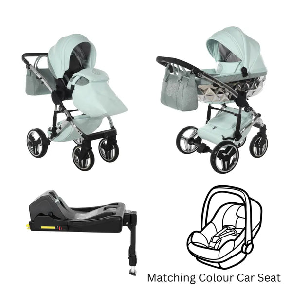 Junama Handcraft Diamond Pram With Isofix – 4 in 1 Luxury Glitter Mint Travel System Junama