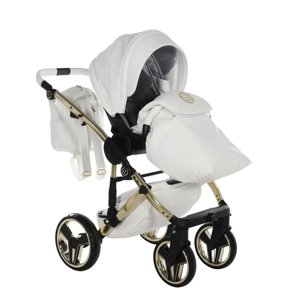 Junama Handcraft Diamond Pram With Isofix – 4 in 1 Luxury White & Gold Travel System Junama