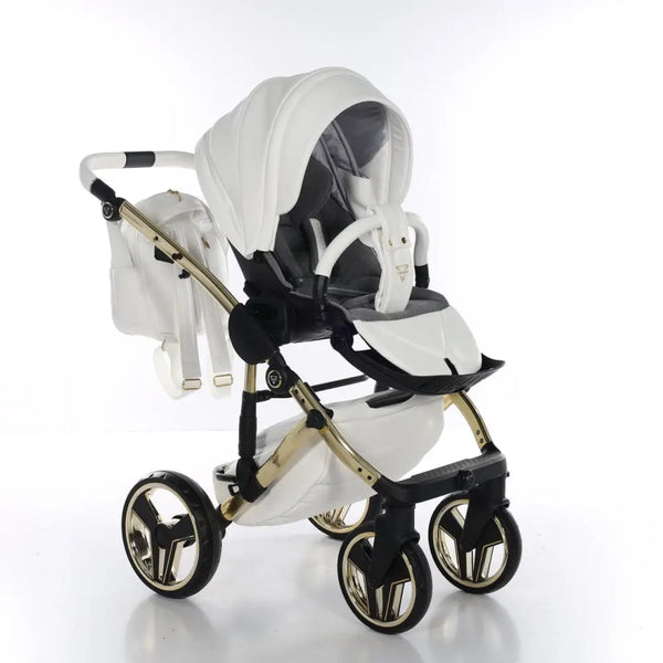 Junama Handcraft Diamond Pram With Isofix – 4 in 1 Luxury White & Gold Travel System Junama