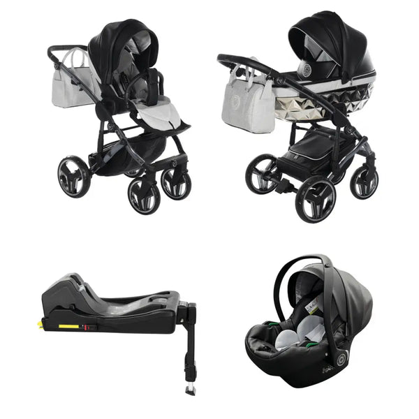 Junama Handcraft Diamond Pram With Isofix Base – 4 in 1 Luxury Glitter Black Travel System Junama