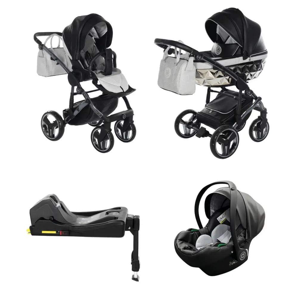 Junama Handcraft Diamond Pram With Isofix Base – 4 in 1 Luxury Glitter Black Travel System Junama