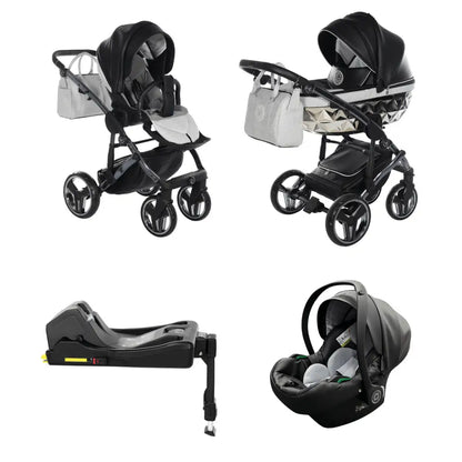 Junama Handcraft Diamond Pram With Isofix Base – 4 in 1 Luxury Glitter Black Travel System Junama