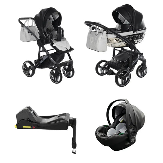 Junama Handcraft Diamond Pram With Isofix Base – 4 in 1 Luxury Glitter Black Travel System Junama