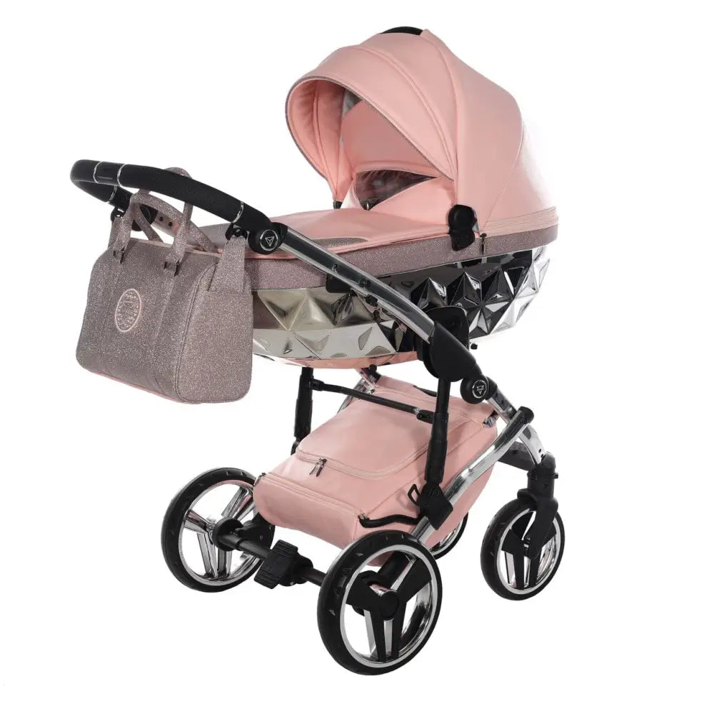 Junama Handcraft Diamond Pram with Isofix Base – 4 in 1 Luxury Glitter Pink Travel System Junama