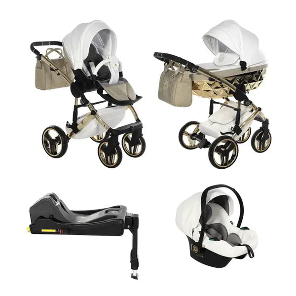 Junama Handcraft Diamond Pram With Isofix Base – 4 in 1 Luxury Glitter Gold Travel System Junama
