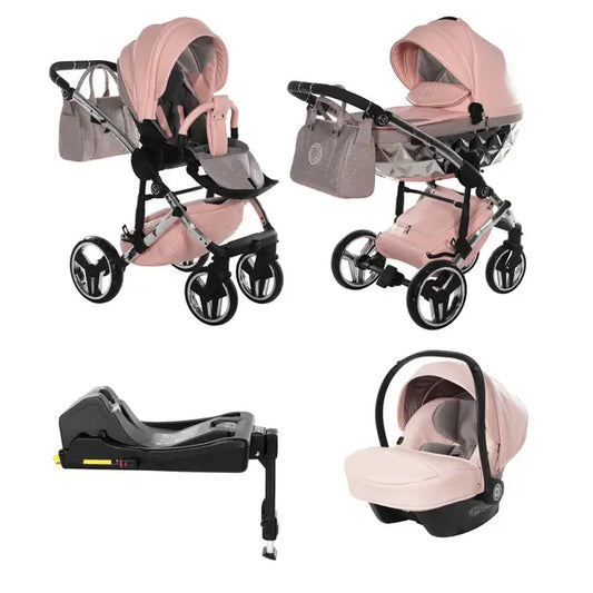 Junama Handcraft Diamond Pram with Isofix Base – 4 in 1 Luxury Glitter Pink Travel System Junama