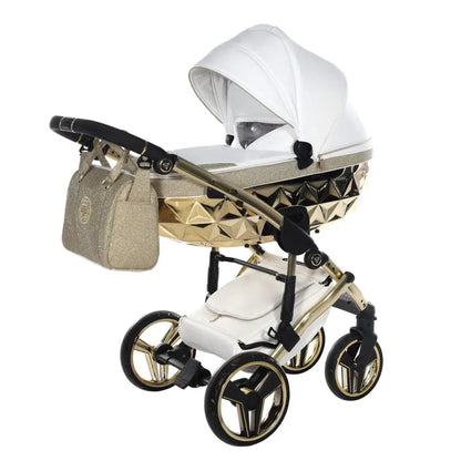 Junama Handcraft Diamond Pram With Isofix Base – 4 in 1 Luxury Glitter Gold Travel System Junama